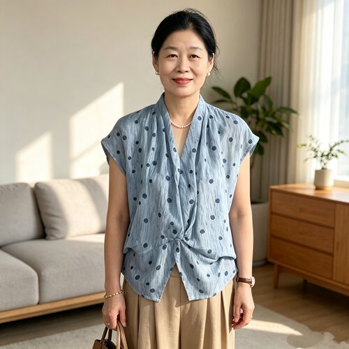 妈妈夏季套装V领短袖遮肚两件套1