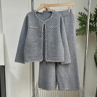 秋冬妈妈装针织小香风上衣外套两件套气质时尚中年女士直筒裤套装
