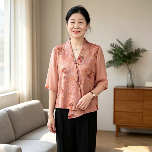 国风妈妈夏印花短袖小衫宽松洋气