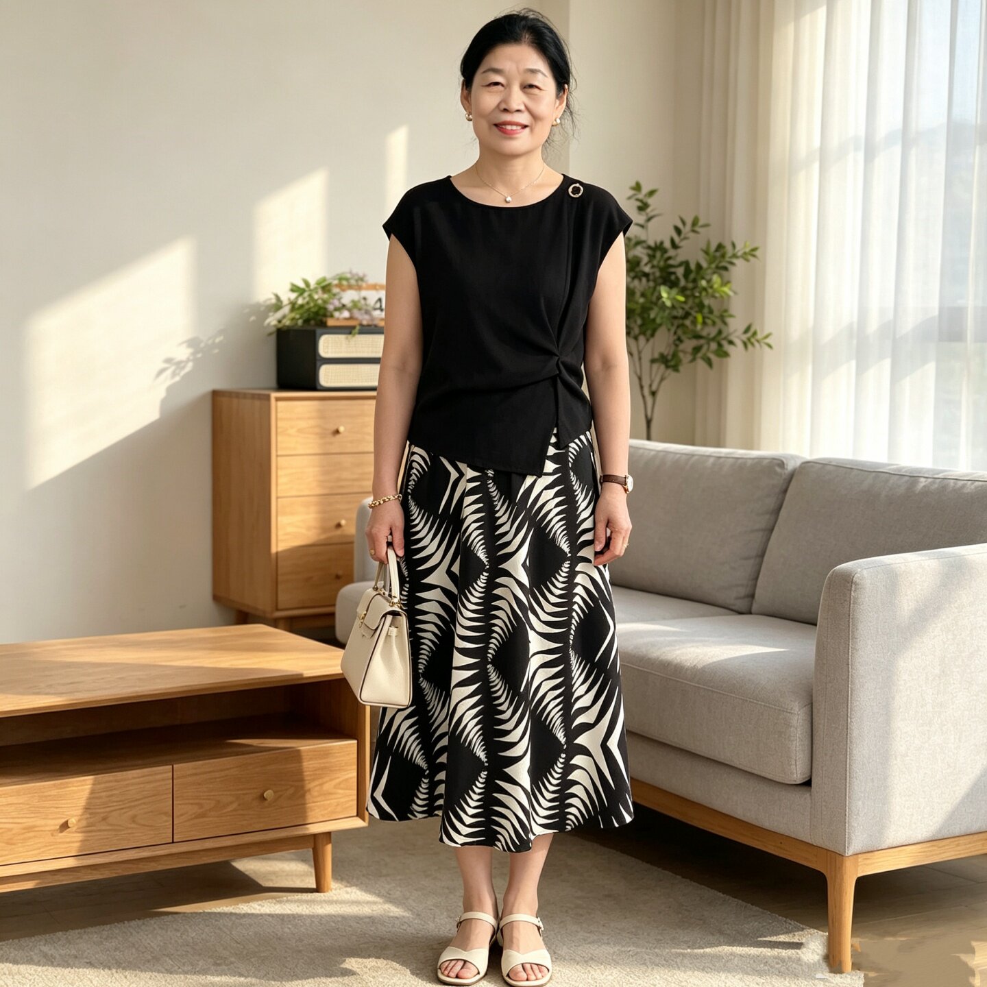 妈妈洋气黑色短袖半身裙子两件套
