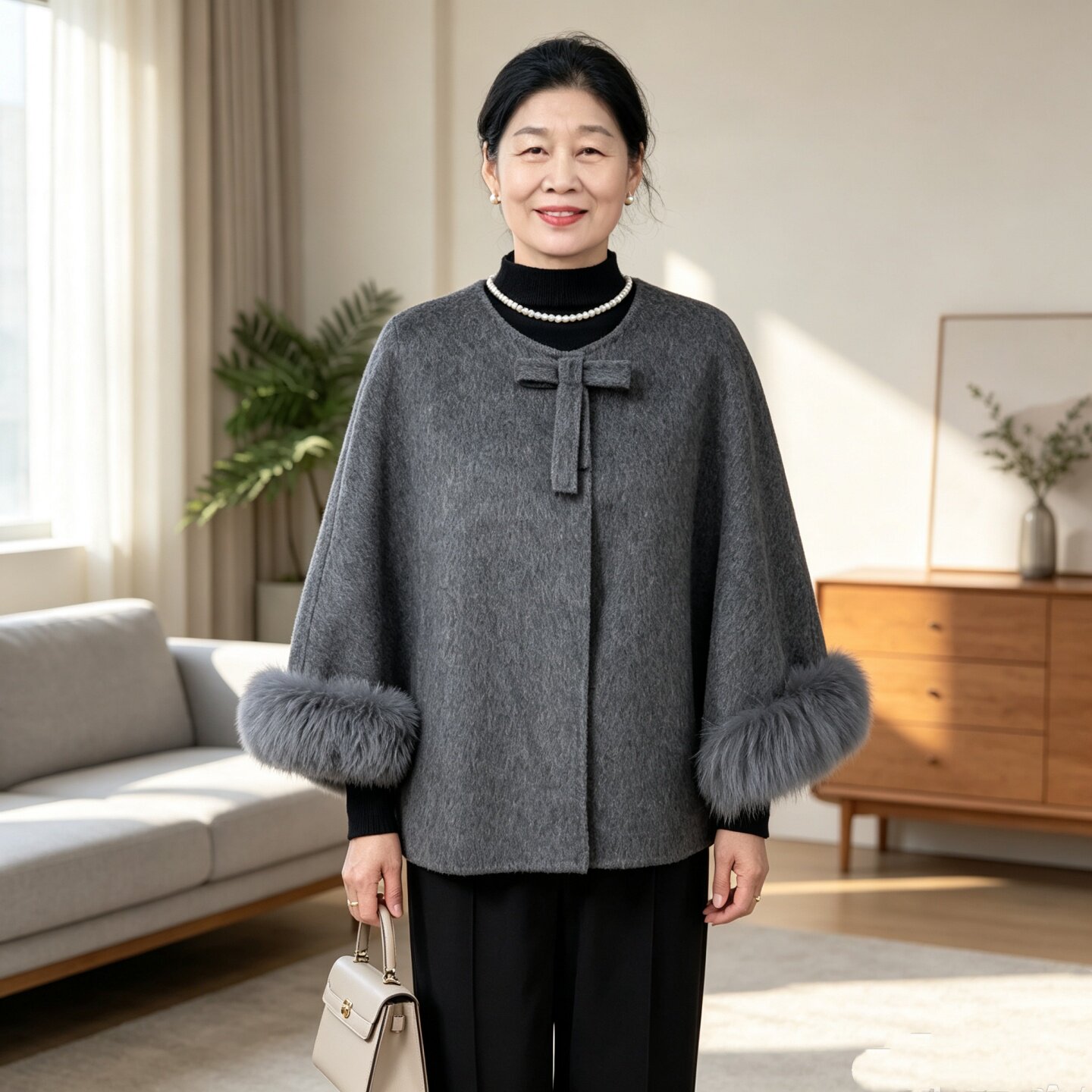 妈妈双面羊毛大衣女时尚斗篷外套
