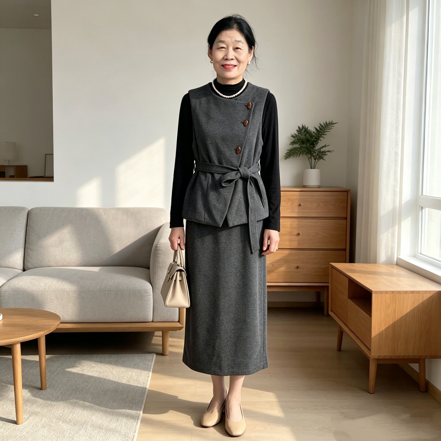时尚气质灰色马甲半身裙套装妈妈