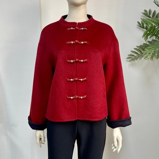 新中式妈妈装100%双面羊毛外套冬季喜婆婆国风高贵红色短款呢大衣