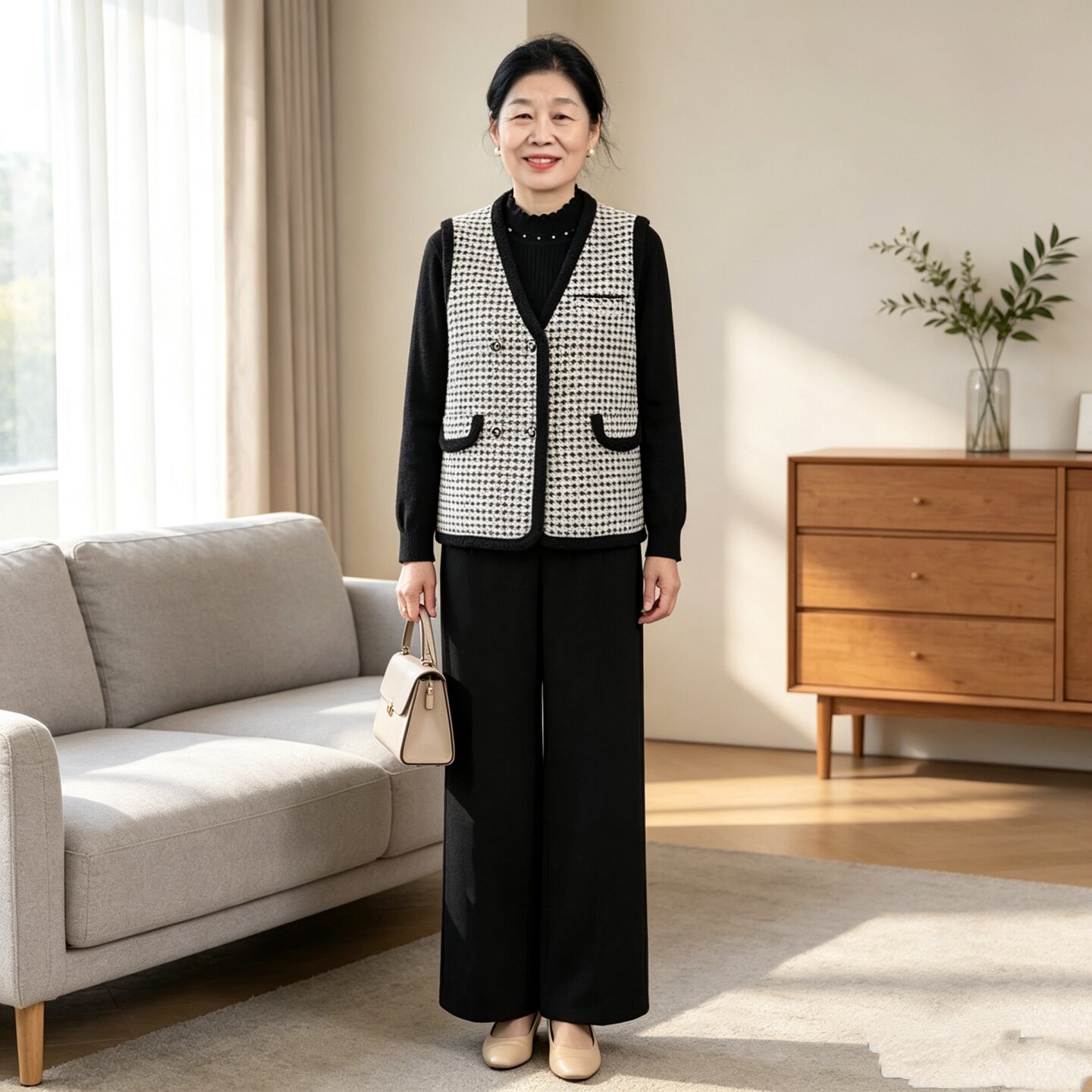 中年女秋装千鸟格针织马甲三件套