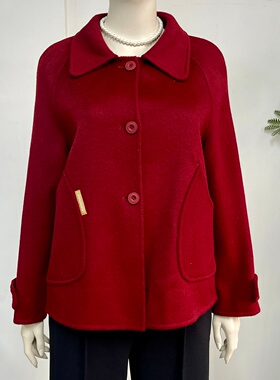 中年女妈妈本命年红色双面羊绒大衣女2025冬季款短款宽松上衣外套