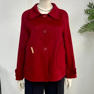中年女妈妈本命年红色双面羊绒大衣女2025冬季款短款宽松上衣外套