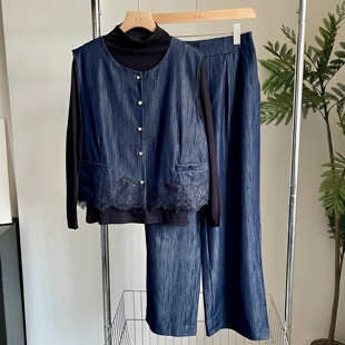 时尚气质中年妈妈装长裤马甲三件套2025春秋款端庄大气中老年套装