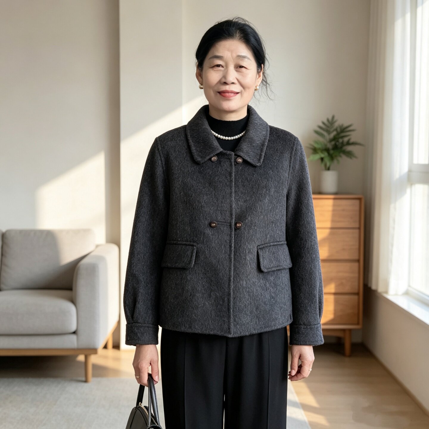 简约翻领双排扣毛呢外套女妈妈装