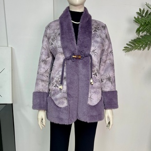 洋气皮草 皮毛一体毛毛外套女保暖高贵金貂绒新中式 中年妈妈装 冬季
