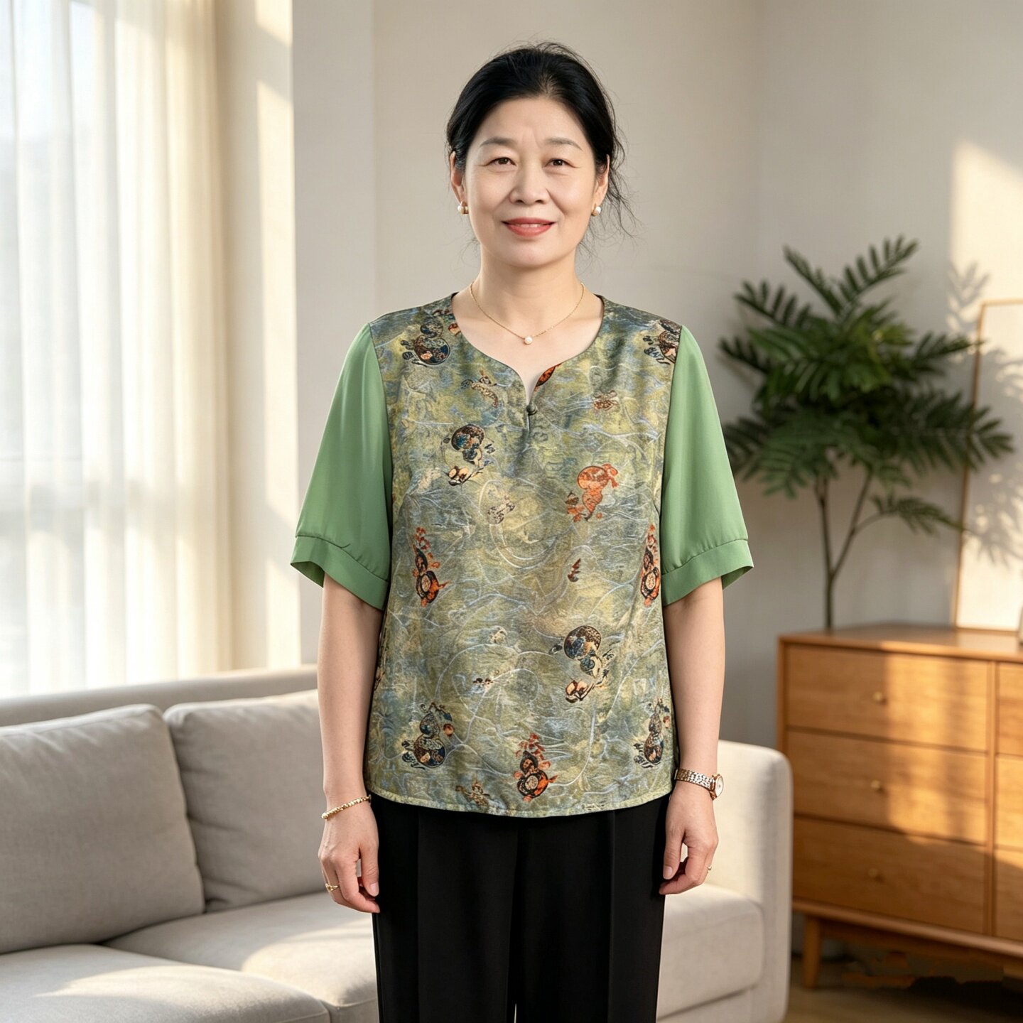 中老年妈妈夏装国风短袖上衣女