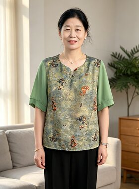 中老年妈妈夏装国风短袖上衣女