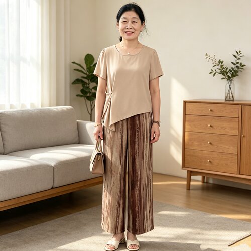 妈妈夏装t恤休闲短袖阔腿裤套装1