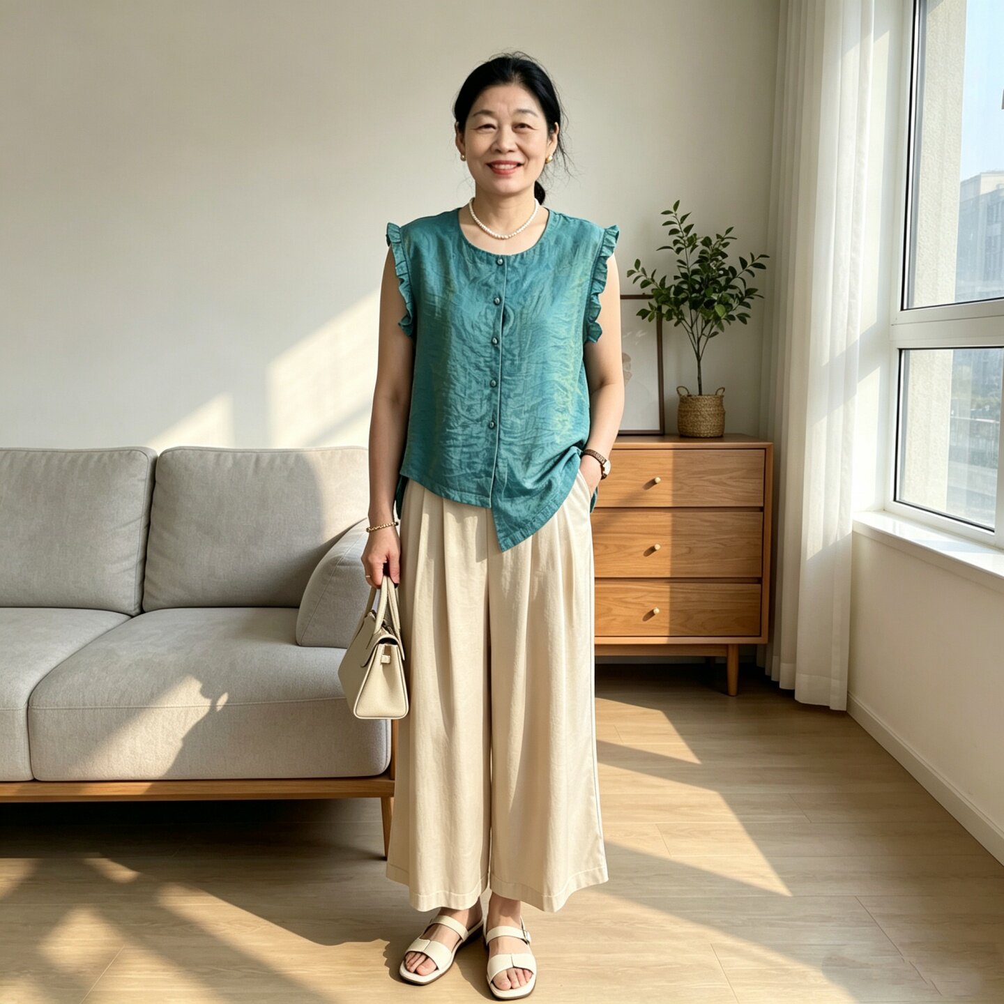 时尚妈妈夏设计感小衫阔腿裤套装