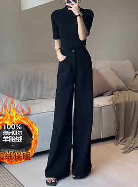 黑色加绒阔腿西装裤女秋冬季保暖显瘦垂感直筒裤175高个子加长版