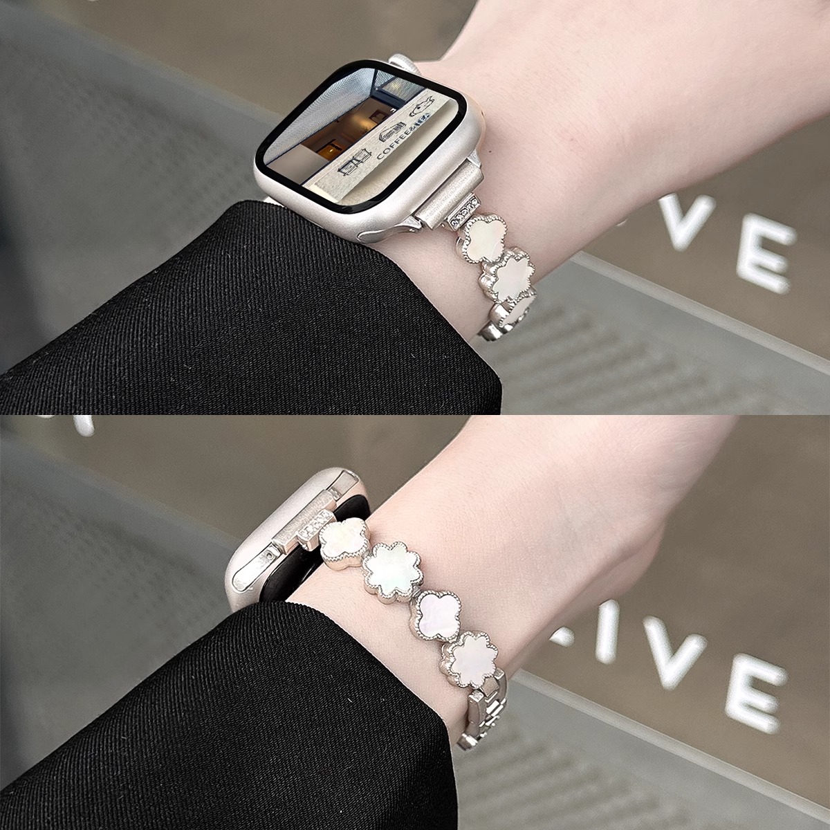 适用于iwatch手表四叶草贝母表带applewatchS10/9镭射金属镶钻腕带苹果手表s8/7/6/5/4代不锈钢细款表链夏款