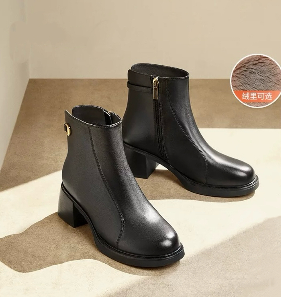 商场同款25加绒保暖时装靴子冬新款超软羊皮粗高跟短靴女B8F1DDD4