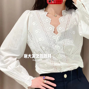 衬衫 23年春夏复古度假风纯棉花朵刺绣花瓣V领泡泡袖 小众 现货法式