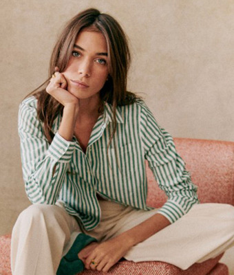 文艺纯棉绿白条纹宽松男友风衬衫