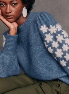 现货法式小众24年秋冬羊毛混纺针织套头衫花朵钩编泡泡袖宽松毛衣