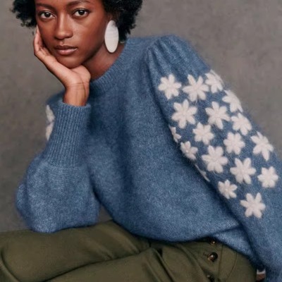 羊毛混套头衫花朵泡泡袖宽松毛衣