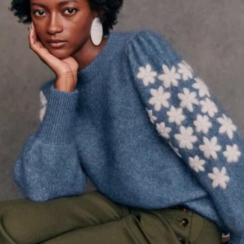 羊毛混套头衫花朵泡泡袖宽松毛衣