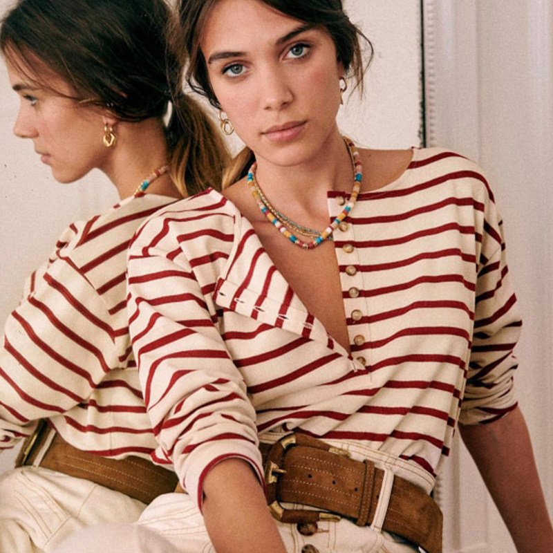 经典法式复古纯棉条纹小众海魂衫圆领纽扣门襟宽松长袖T恤女上衣