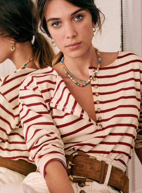 现货~经典法式小众复古棉条纹海魂衫圆领纽扣门襟宽松长袖T恤上衣