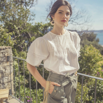 宫廷纯棉镂空蕾丝泡泡袖圆领衬衫