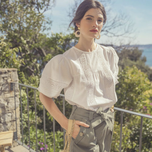 宫廷纯棉镂空蕾丝泡泡袖圆领衬衫