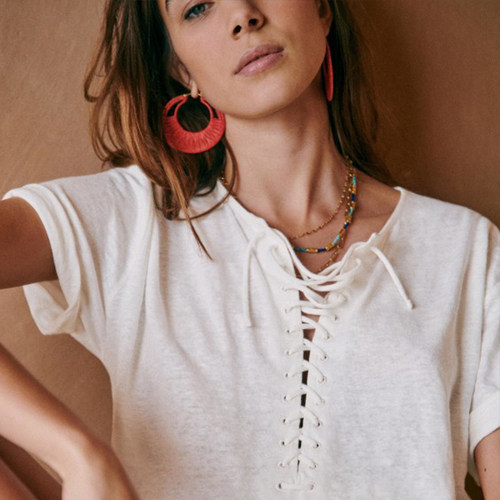 纯棉系带卷边短袖宽松套头衫上衣