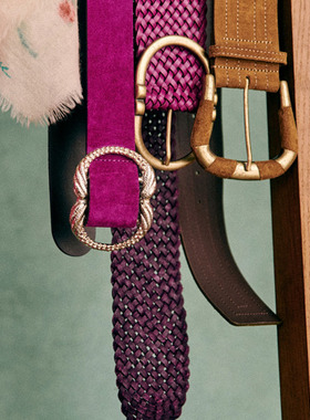 现货法式小众复古玫红色金属麻花形圆扣牛皮真皮磨砂麂皮腰带皮带