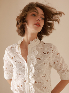 现货~21年秋法式小众纯棉刺绣镂空荷叶边立领单排扣通勤气质衬衫