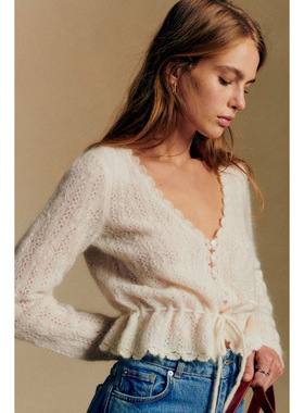 现货 25年秋冬法式小众马海毛手钩花瓣边v领毛衣纽扣开衫系带上衣