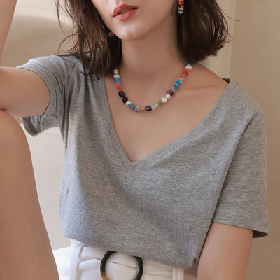 V领纯棉宽松短袖套头衫T恤上衣