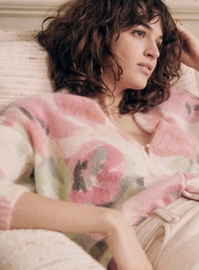 现货法式小众 22年秋冬马海毛花卉印花V领纽扣针织两穿开衫毛衣