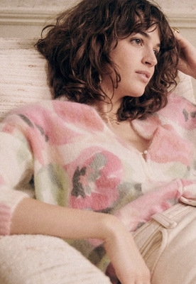 复古马海毛印花V领纽扣毛衣秋冬