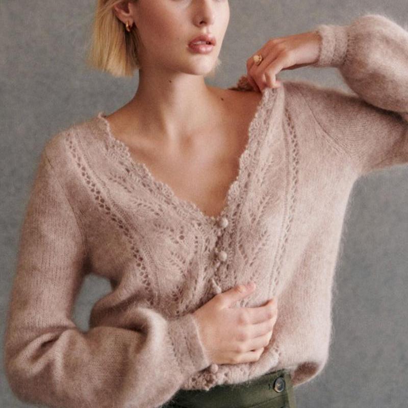 羊毛混纺针织开衫大V领长袖毛衣