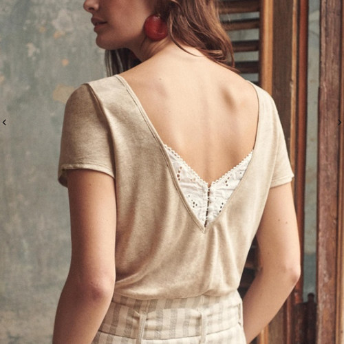 法国小众度假风蕾丝露背t恤纯棉