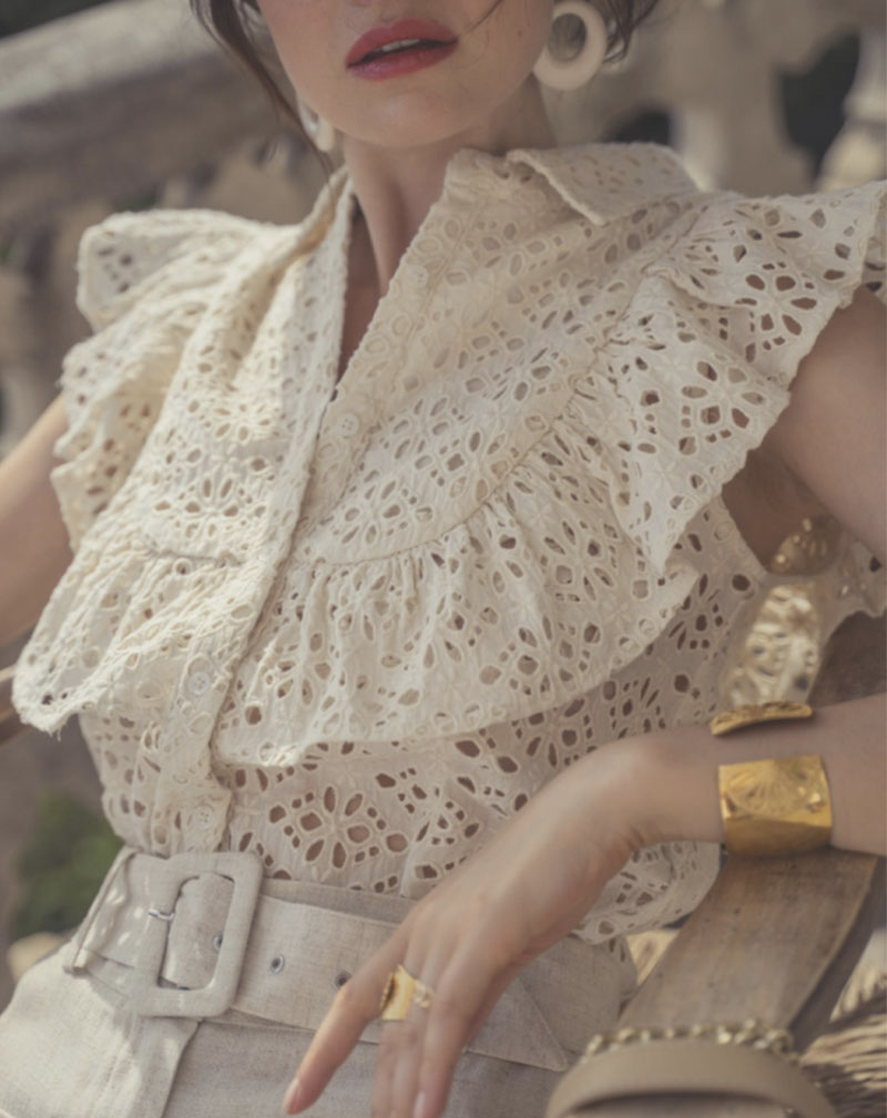 棉镂空刺绣蕾丝荷叶边飞飞袖衬衫