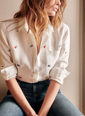 现货~法式22年早春 田园小清新刺绣小花亚麻棉长袖经典版直筒衬衫