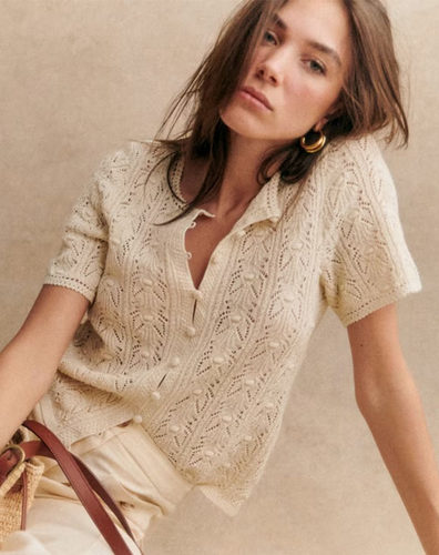 奶奶风杏色棉圆领钩花短袖针织衫