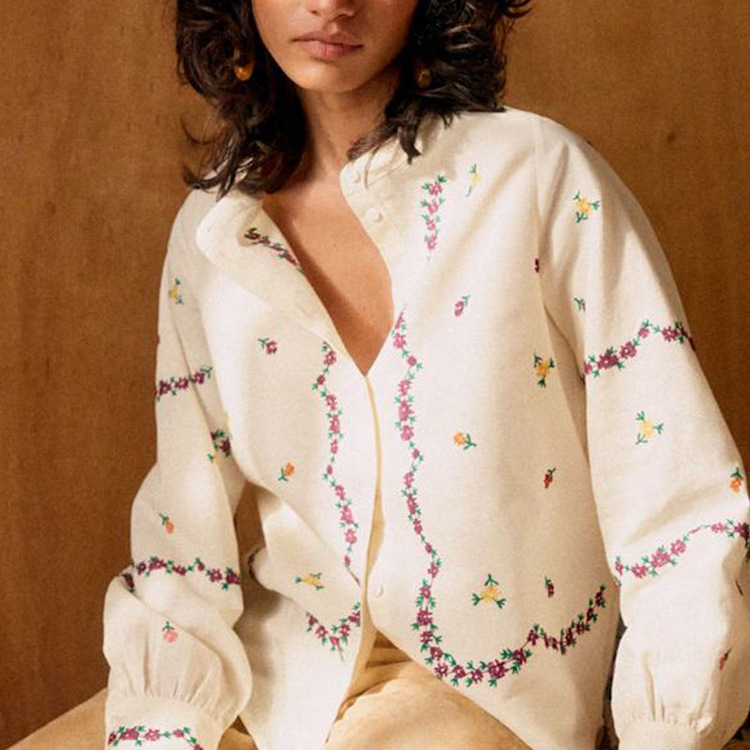 现货 法式小众纯棉民族风可爱玛格丽塔刺绣圆领直筒长袖衬衫上衣