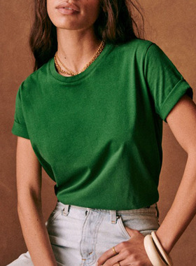 现货 法式小众新色夏季经典基础款慵懒百搭卷边纯棉宽松短袖T恤女