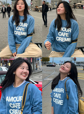 现货法式小众24年春湖蓝色纯棉法语印花长袖圆领套头衫宽松卫衣女