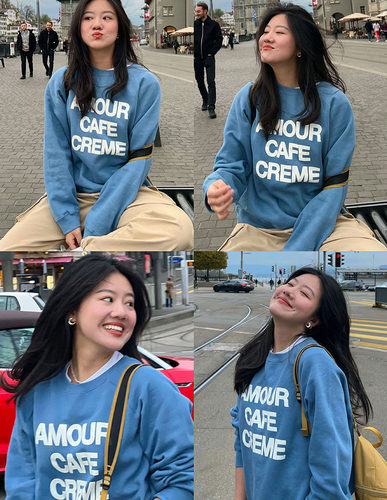 湖蓝色棉法语印花长袖套头衫卫衣