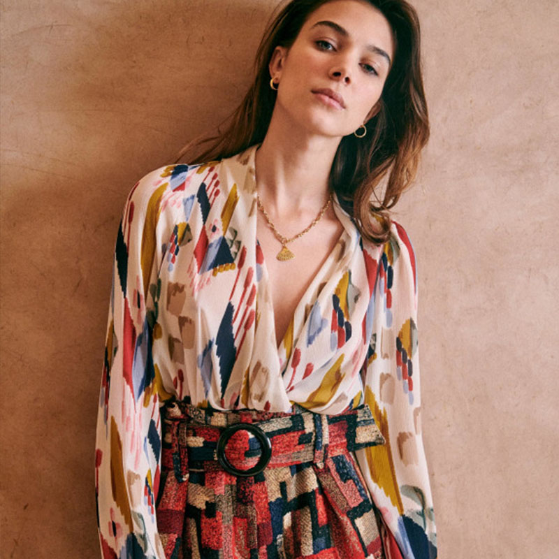 現貨法式交叉v領氣質襯衫油彩