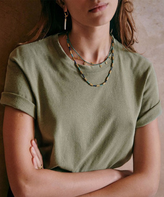 圆领卷边宽松棉复古军绿色T恤女