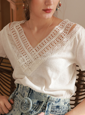 现货 23年夏季复古纯棉圆领花边蕾丝露背V领两穿法式小众短袖T恤