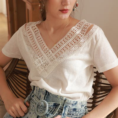 复古纯棉圆领蕾丝露背V领短袖T恤