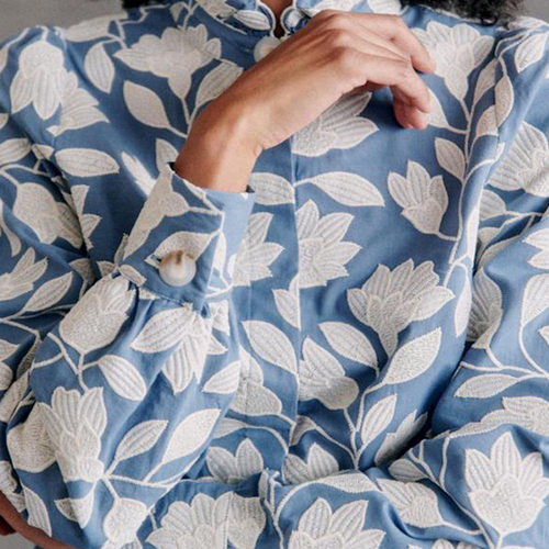 小立领泡泡袖气质衬衫蓝色纯棉